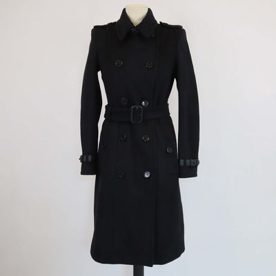 Burberry Brit Black Wool Belted Double Breasted Trench Coat