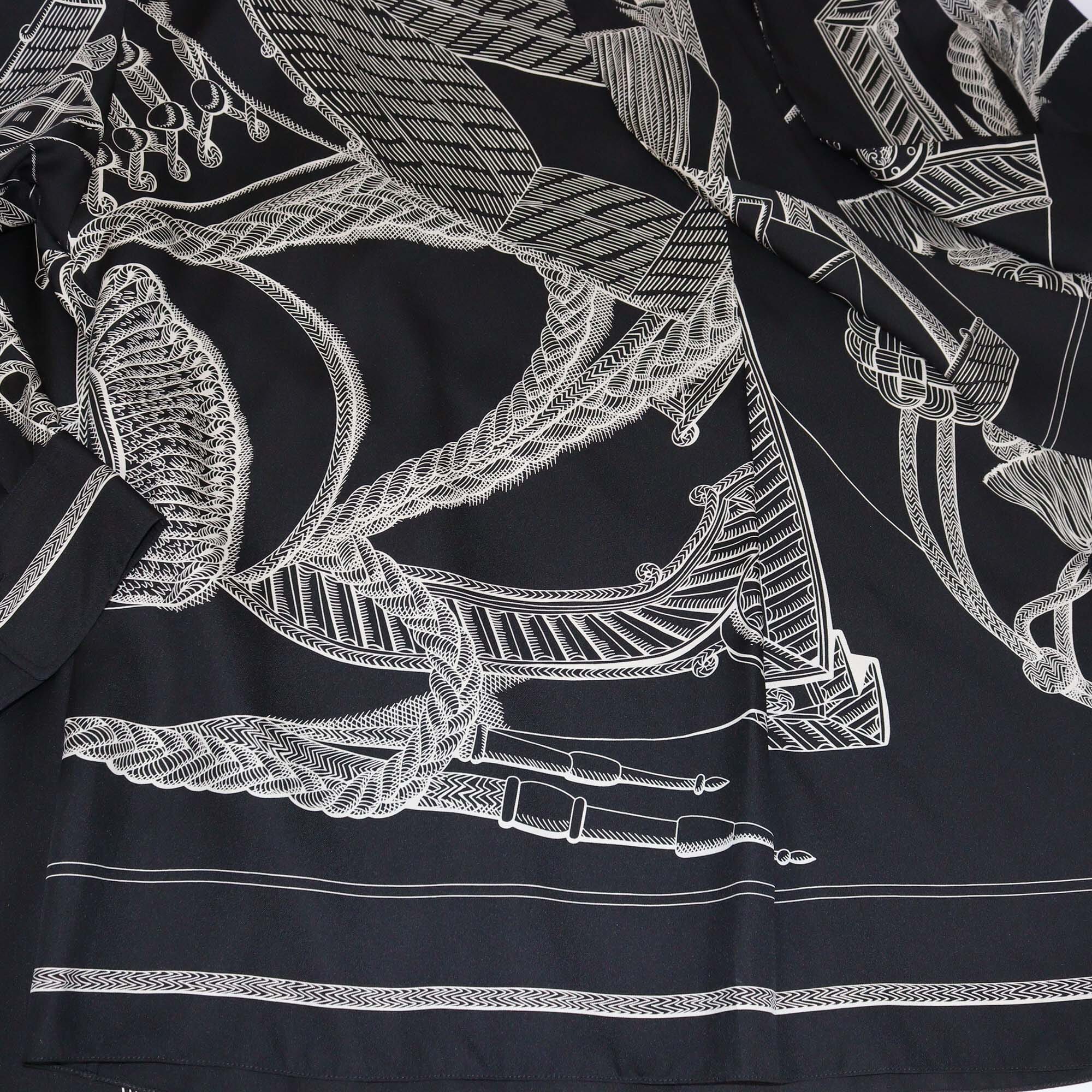 Hermes Black Zouaves et Dragons Finesse Print Neck Tie Long Sleeve Blouse & Pyjama Pants Set Womens Hermes 