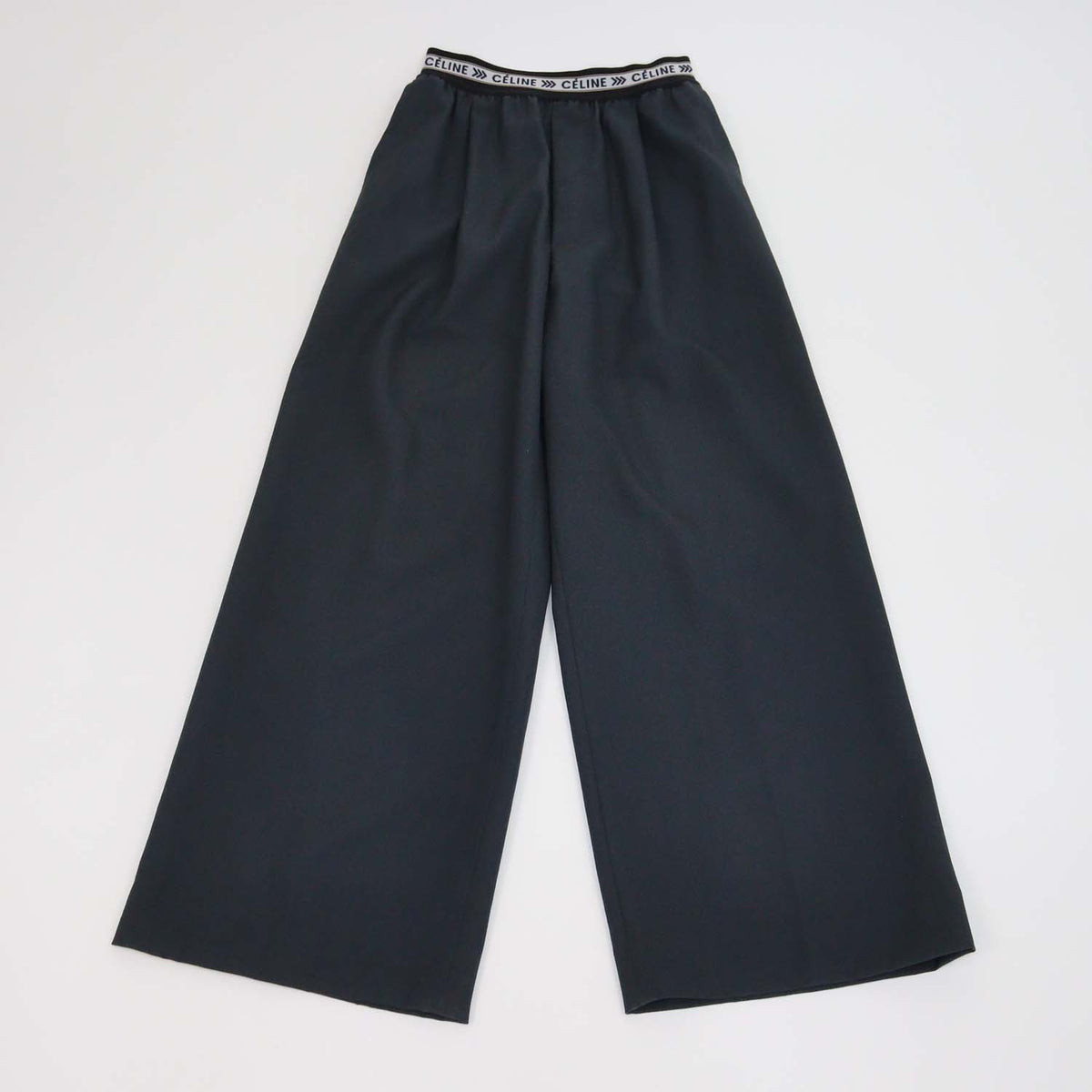 Celine Charcoal Grey Wool Logo Waist Band Wide Leg Pants
