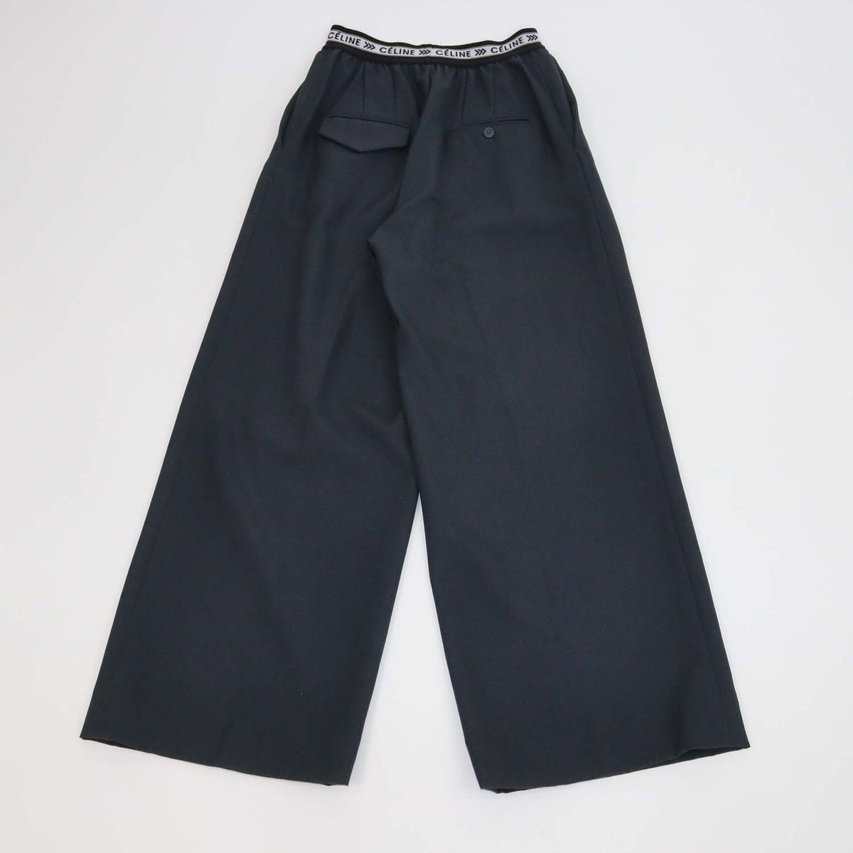Celine Charcoal Grey Wool Logo Waist Band Wide Leg Pants