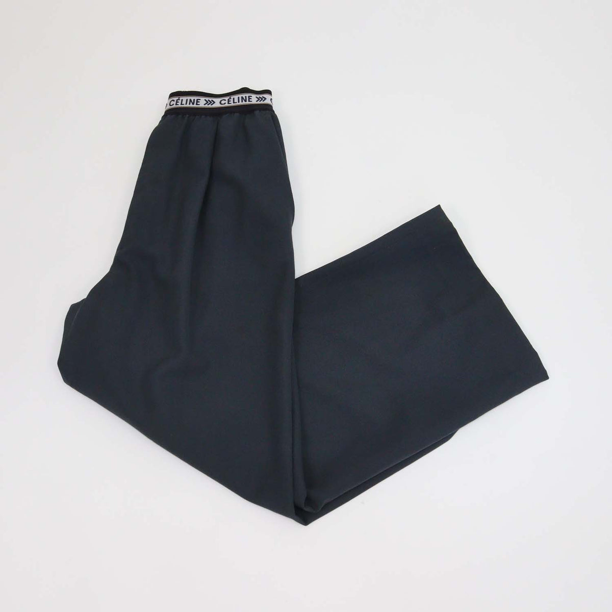 Celine Charcoal Grey Wool Logo Waist Band Wide Leg Pants