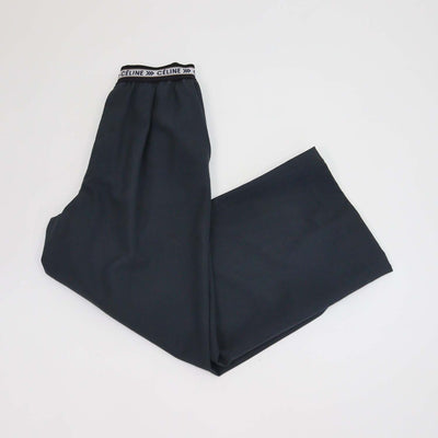 Celine Charcoal Grey Wool Logo Waist Band Wide Leg Pants