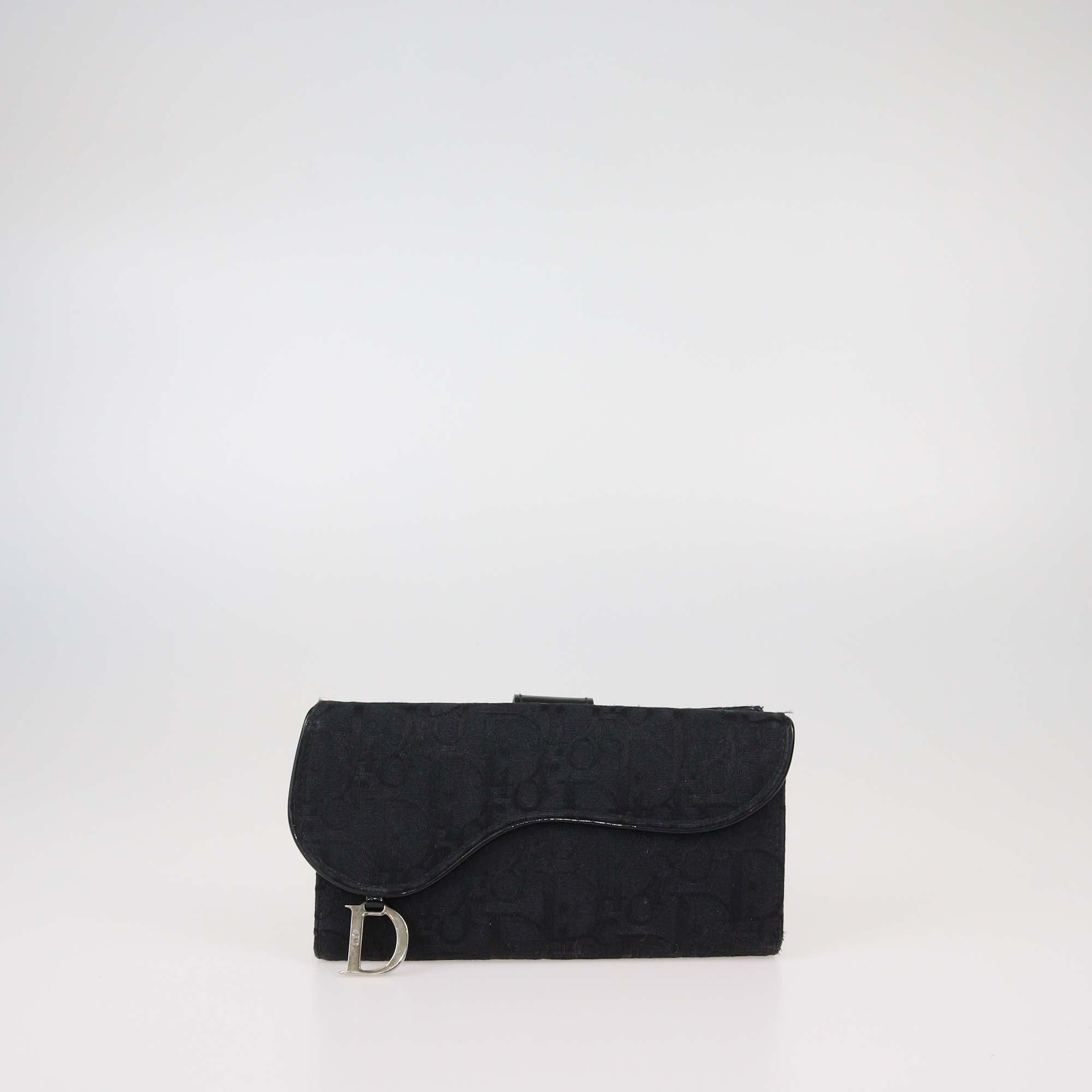 Christian Dior Black Oblique Canvas and Patent Leather Saddle Wallet