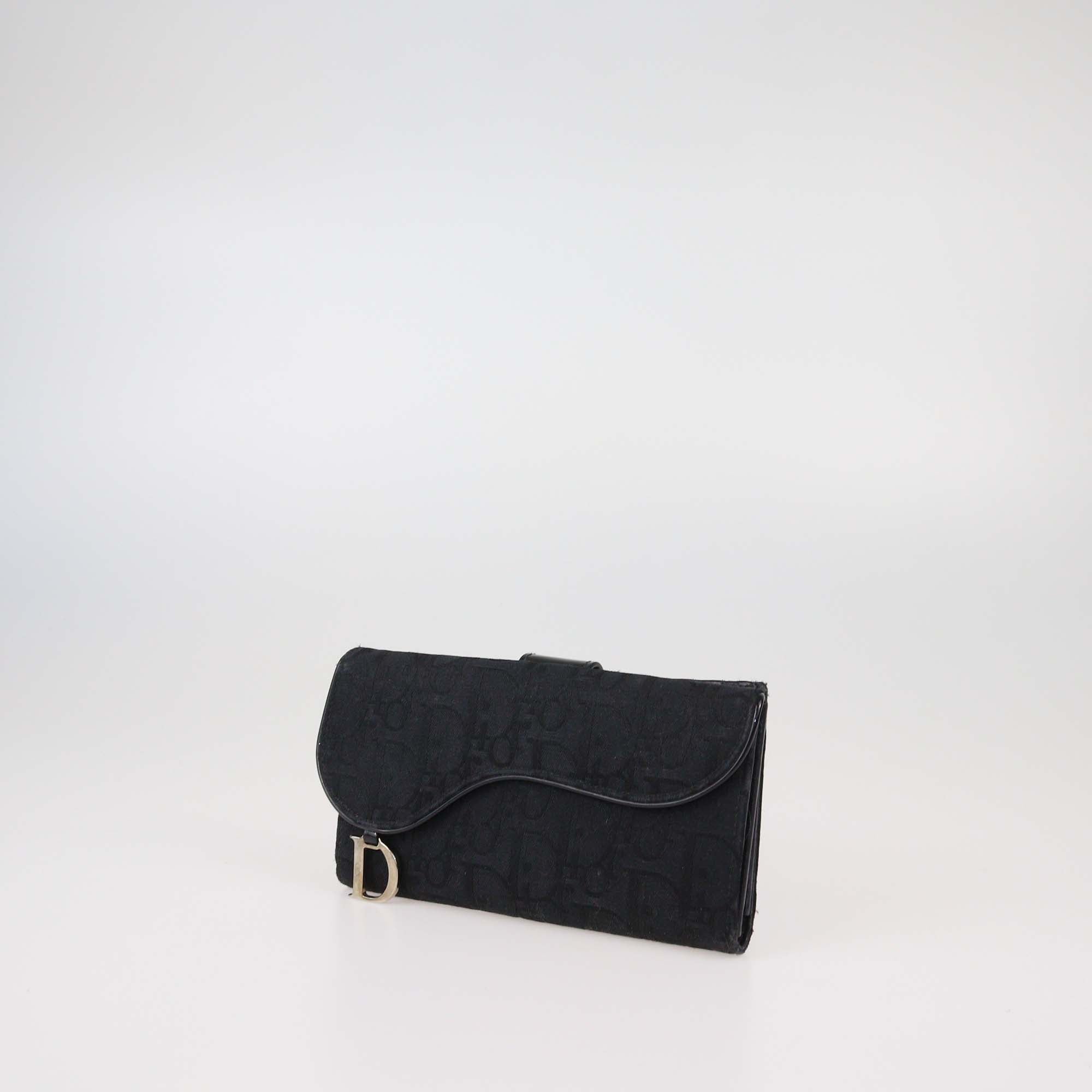 Christian Dior Black Oblique Canvas and Patent Leather Saddle Wallet