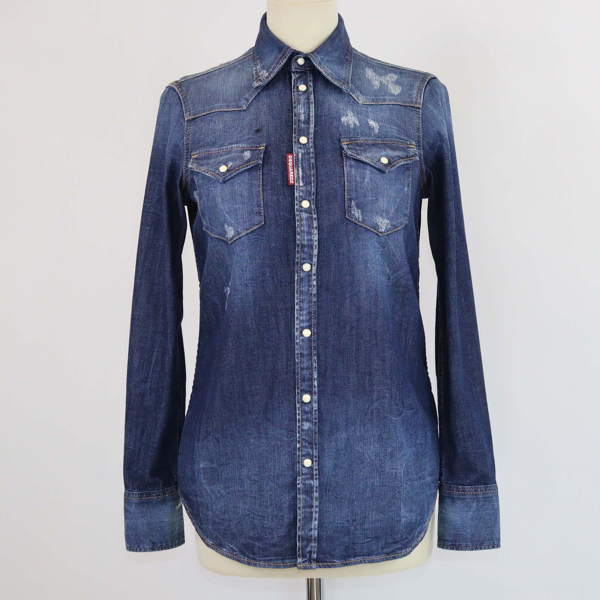 Dsquared2 Blue Washed Denim Distressed Long Sleeve Shirt