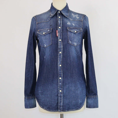 Dsquared2 Blue Washed Denim Distressed Long Sleeve Shirt