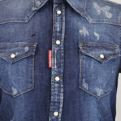Dsquared2 Blue Washed Denim Distressed Long Sleeve Shirt