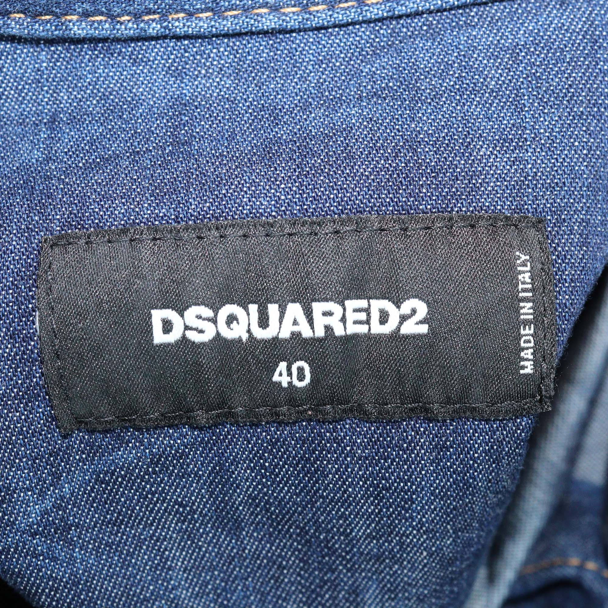 Dsquared2 Blue Washed Denim Distressed Long Sleeve Shirt
