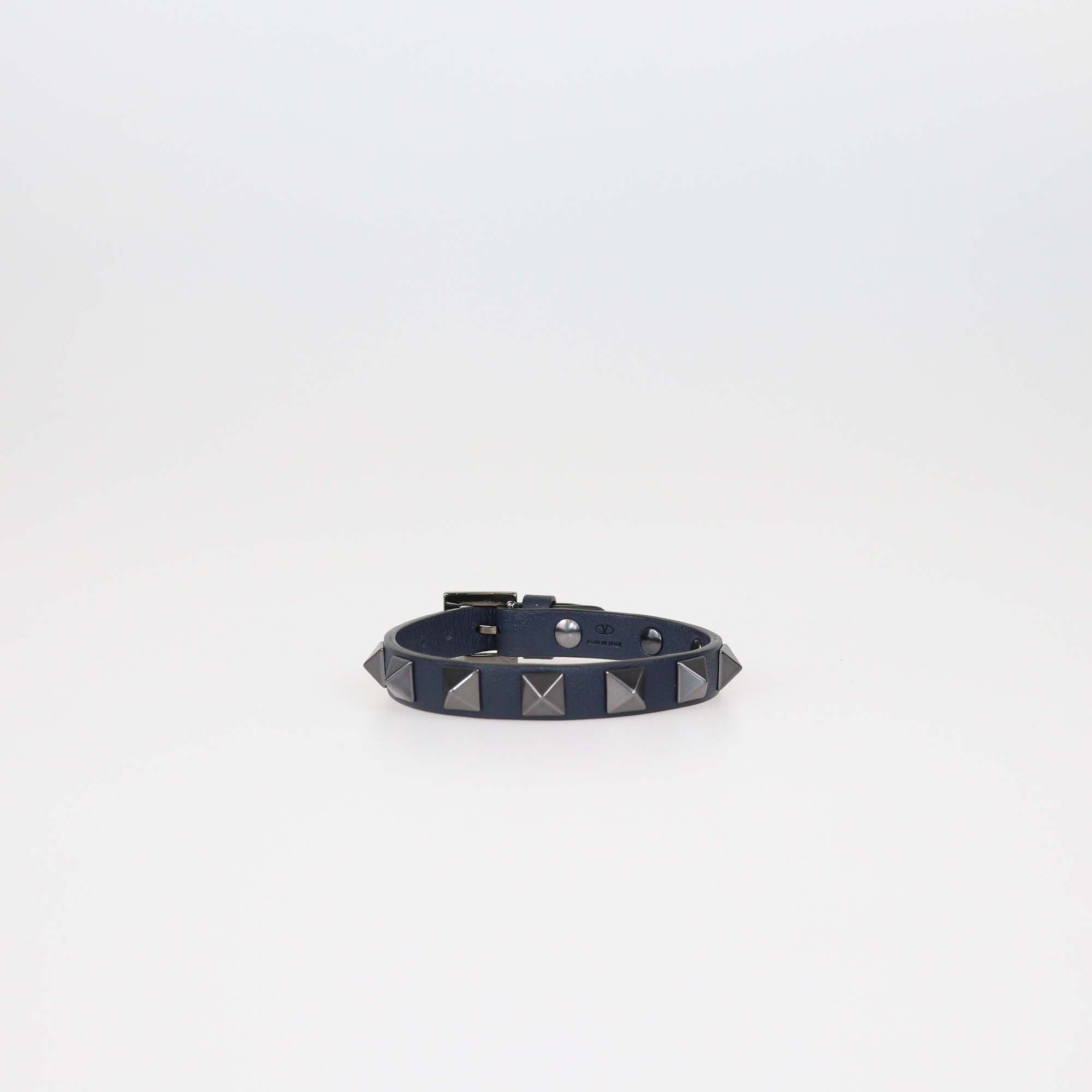 Valentino Navy Blue Leather Rockstud Wrap Bracelet