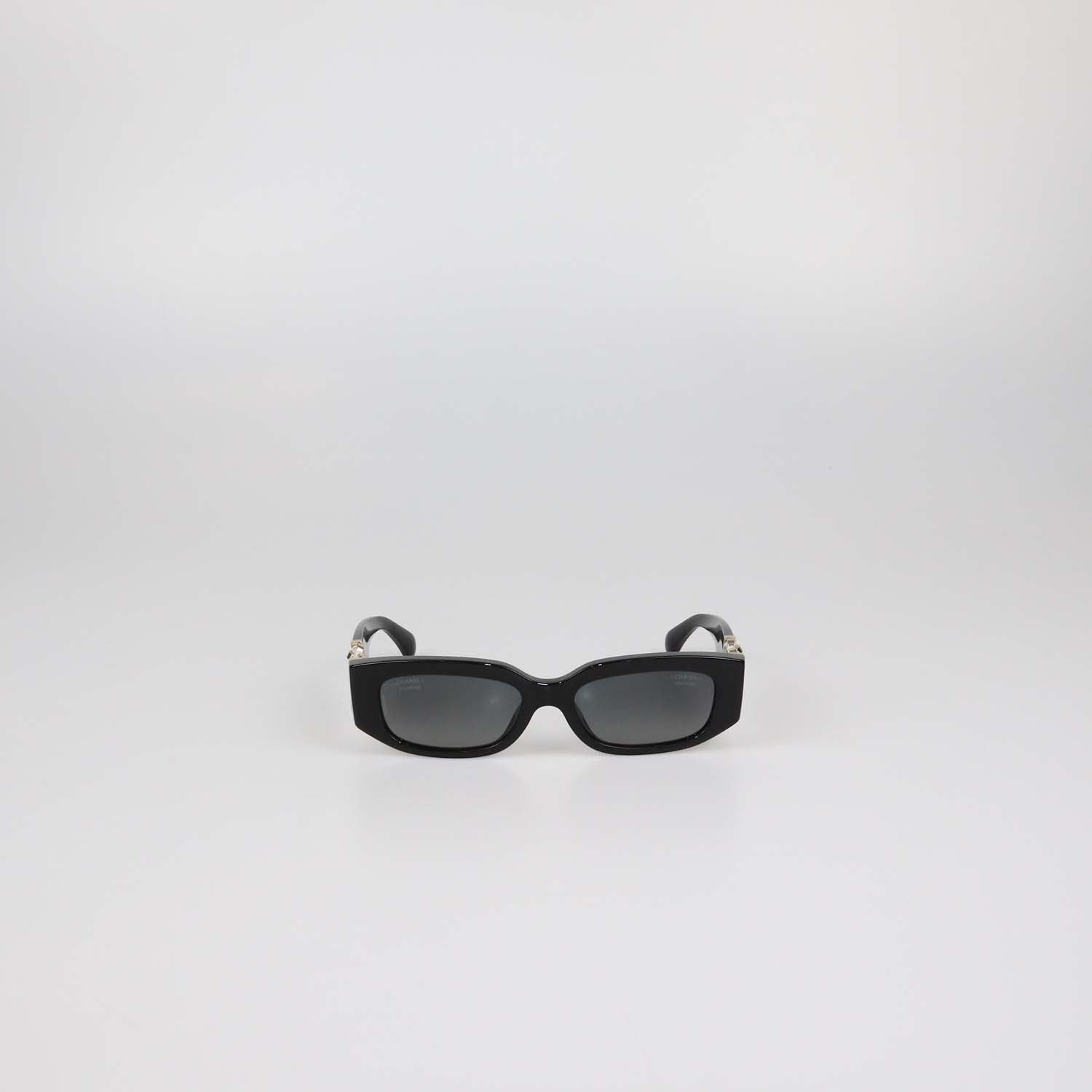 Chanel Black Temple Embellished Polarized Rectangular Sunglasses