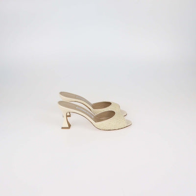 Manolo Blahnik Beige Raffia and Leather Jadara Open Toe Slide Sandals
