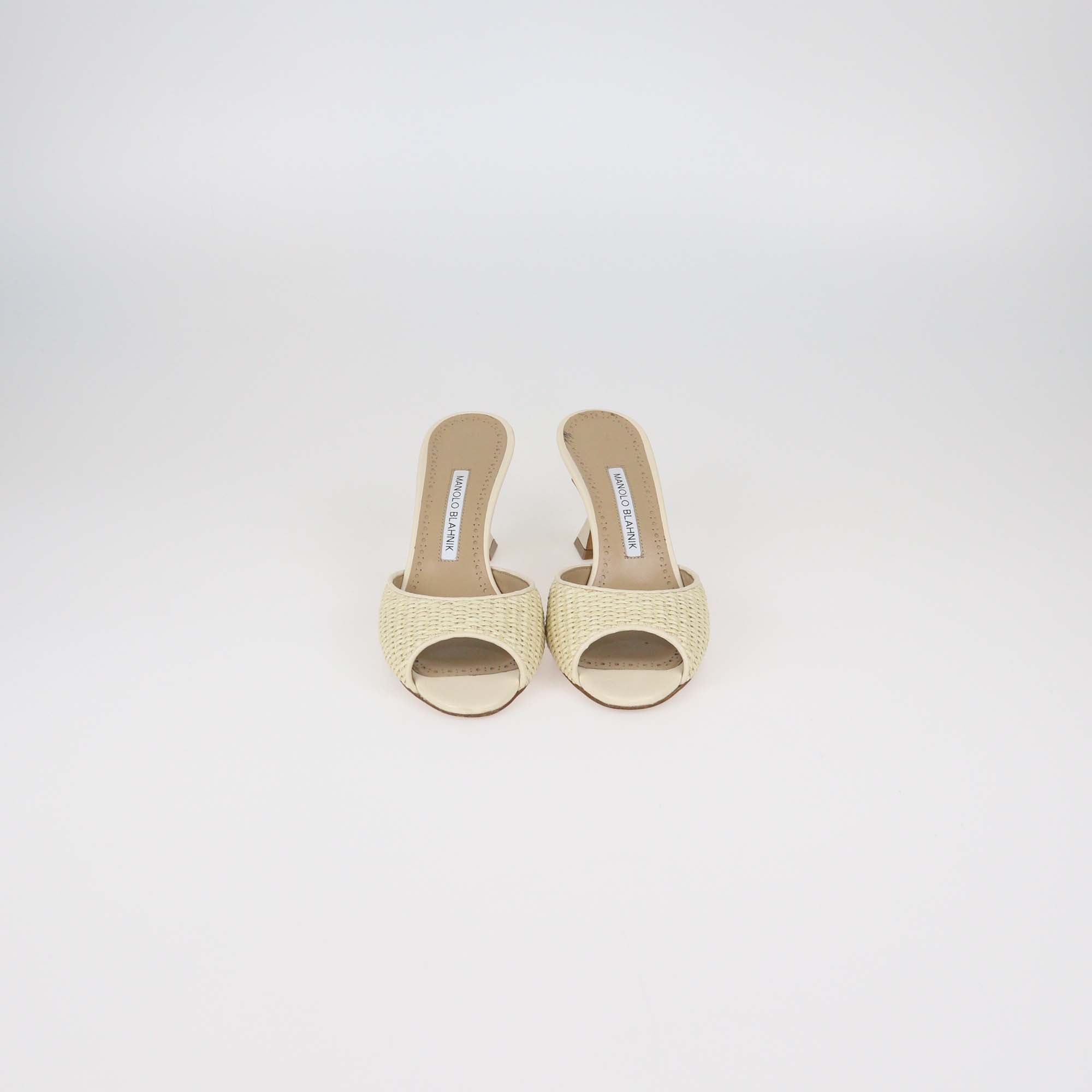 Manolo Blahnik Beige Raffia and Leather Jadara Open Toe Slide Sandals