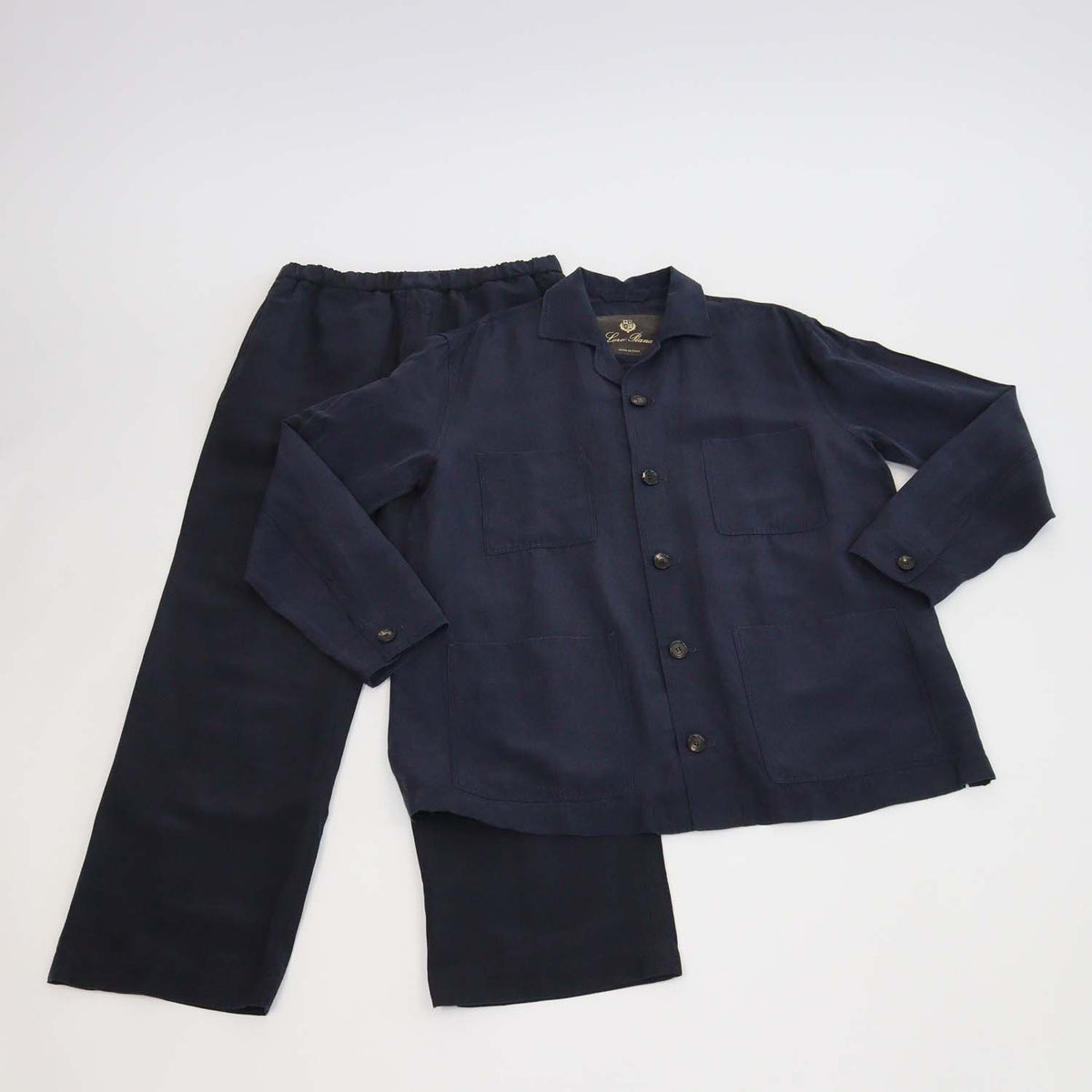 Loro Piana Navy Blue Linen Silk Joele Shirt Jacket & Marlyn Straight Leg Pants