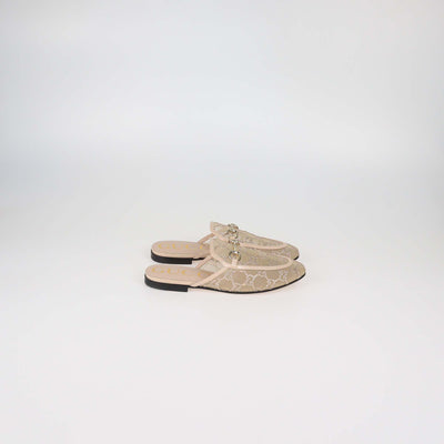 Gucci Beige GG Crystal-Embellished Mesh and Patent Leather Princetown Flat Mules