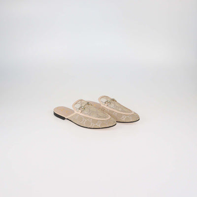 Gucci Beige GG Crystal-Embellished Mesh and Patent Leather Princetown Flat Mules