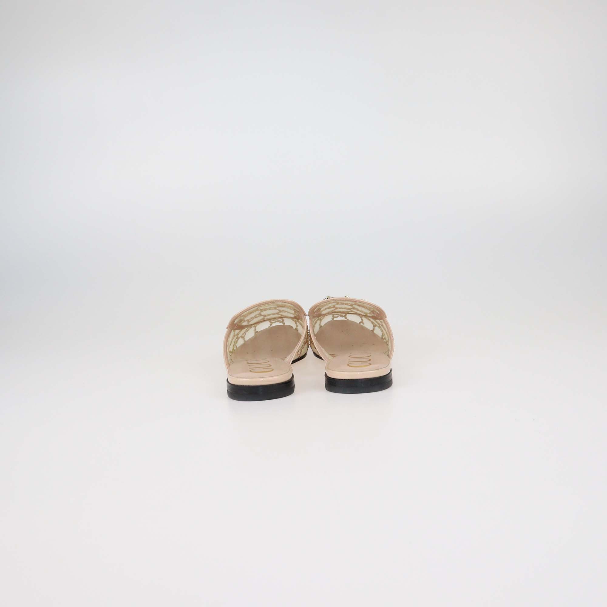 Gucci Beige GG Crystal-Embellished Mesh and Patent Leather Princetown Flat Mules