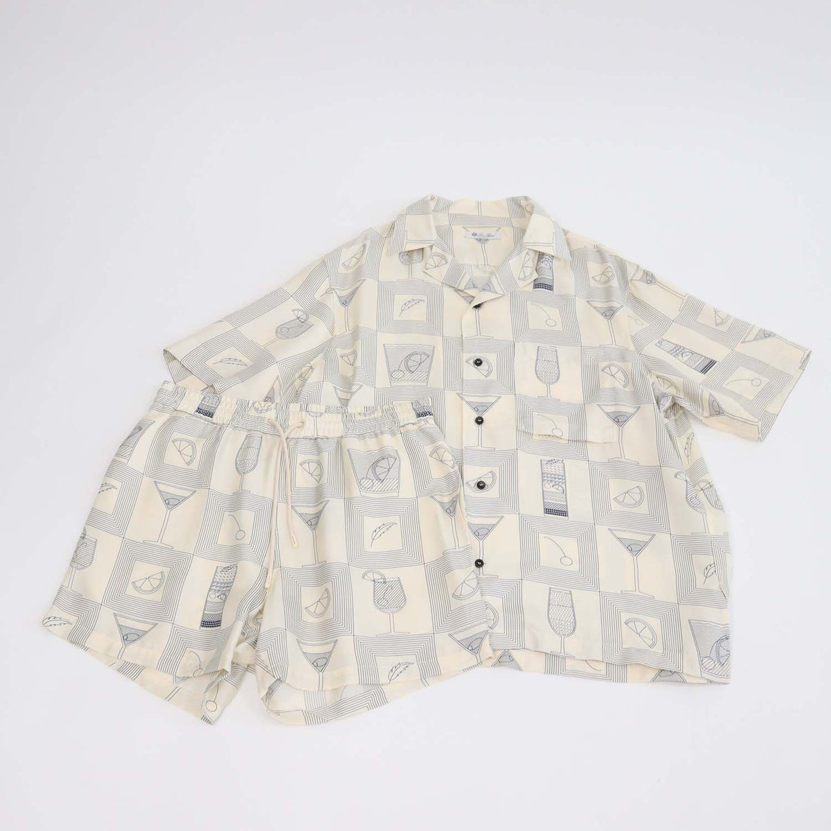 Loro Piana Cream Silk Aperitivo Print Bowling Shirt & Short Set