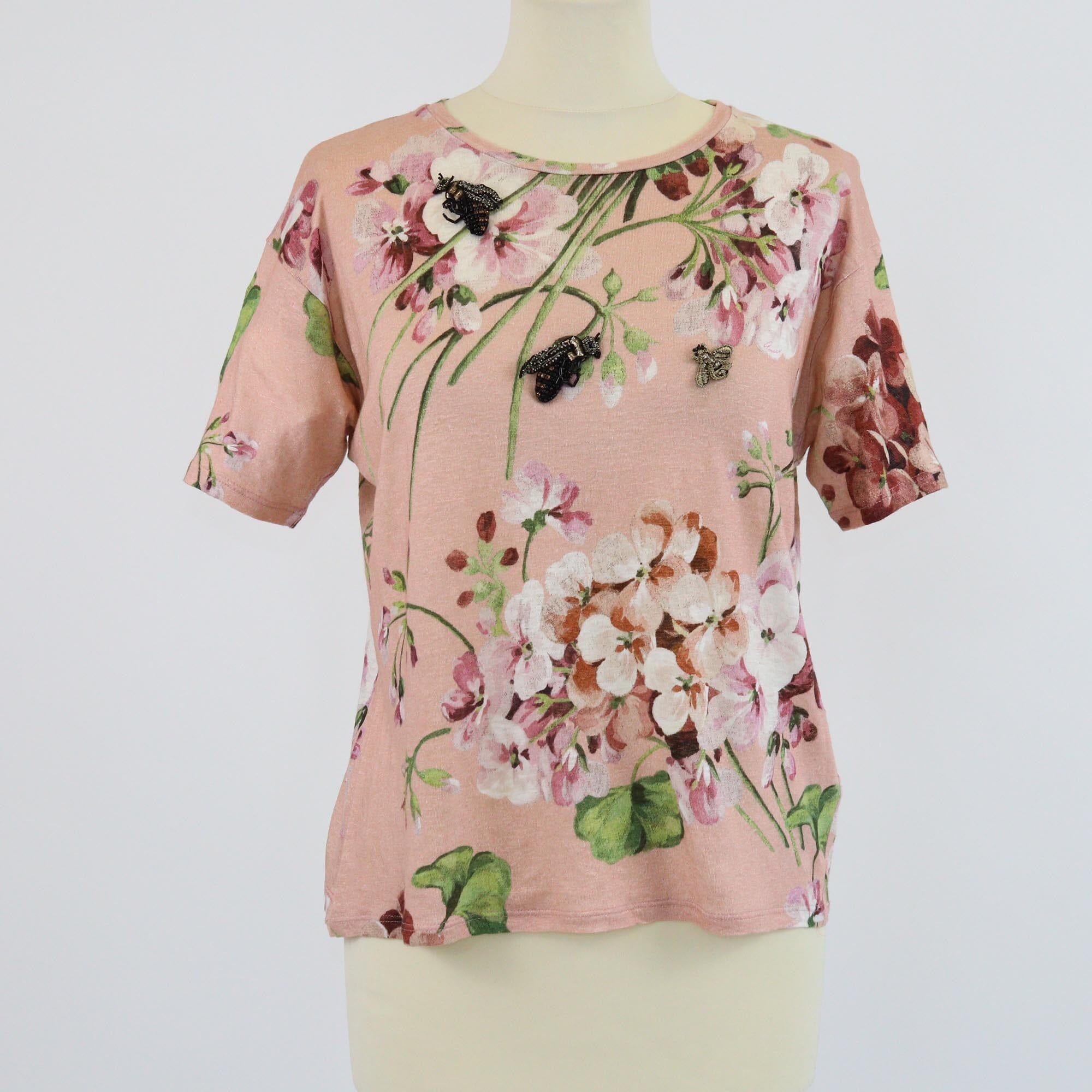 Gucci Pink Floral Print Beaded Bee Short Sleeve T-Shirt Womens Gucci 