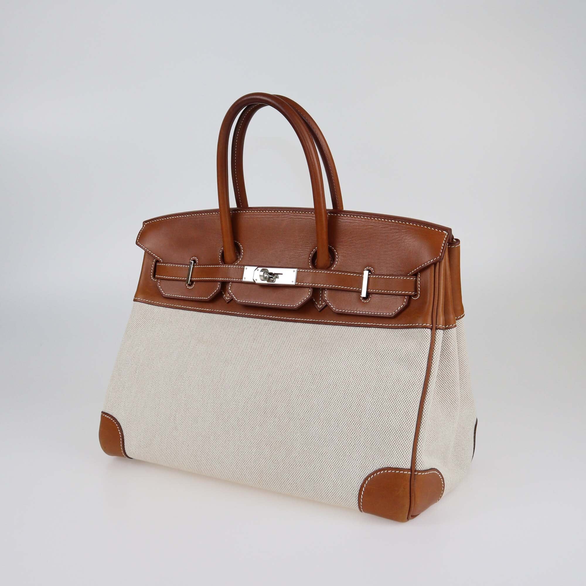 Hermes Fauve/Natural Toile and Barenia Palladium Hardware Birkin 35 Womens Hermes 