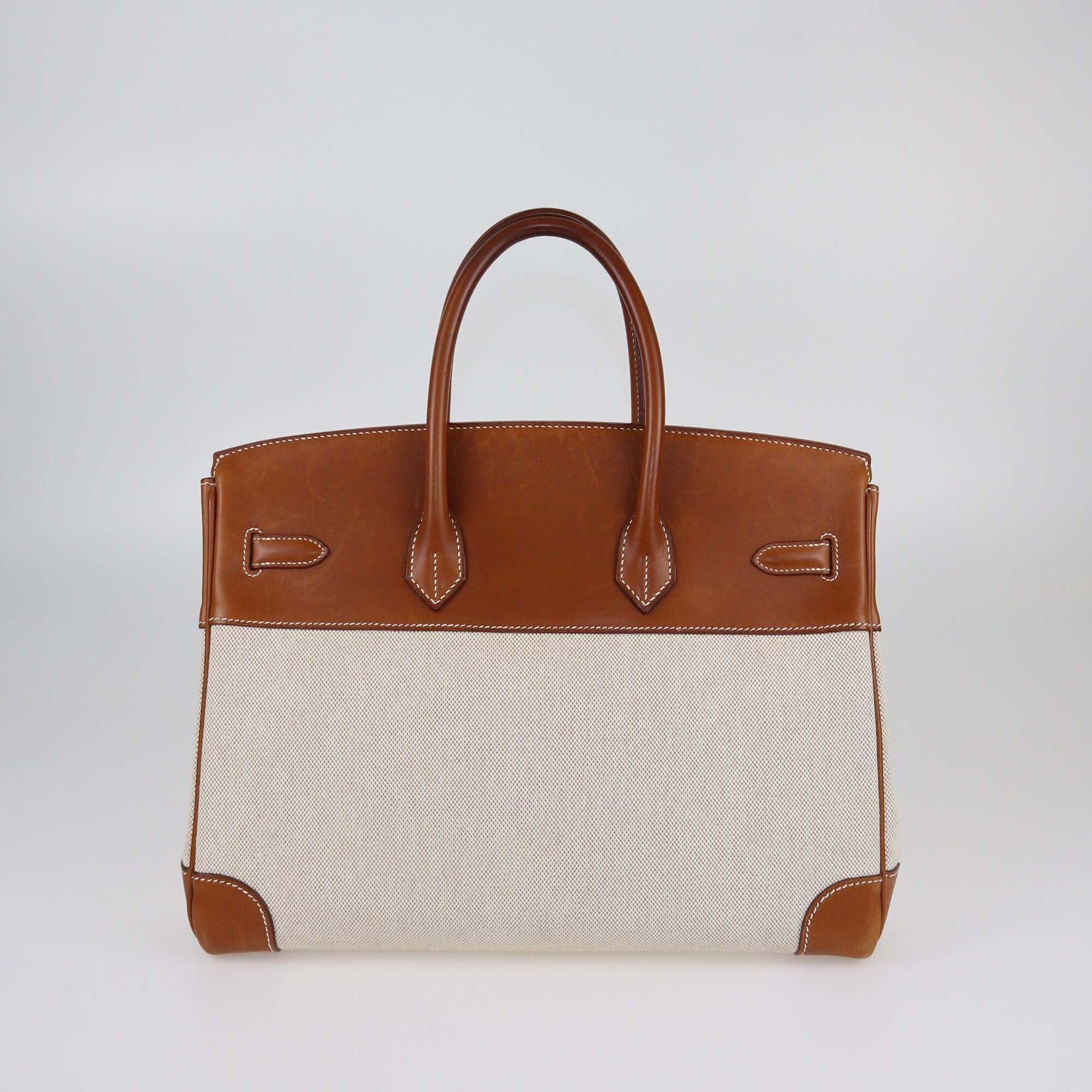 Hermes Fauve/Natural Toile and Barenia Palladium Hardware Birkin 35 Womens Hermes 