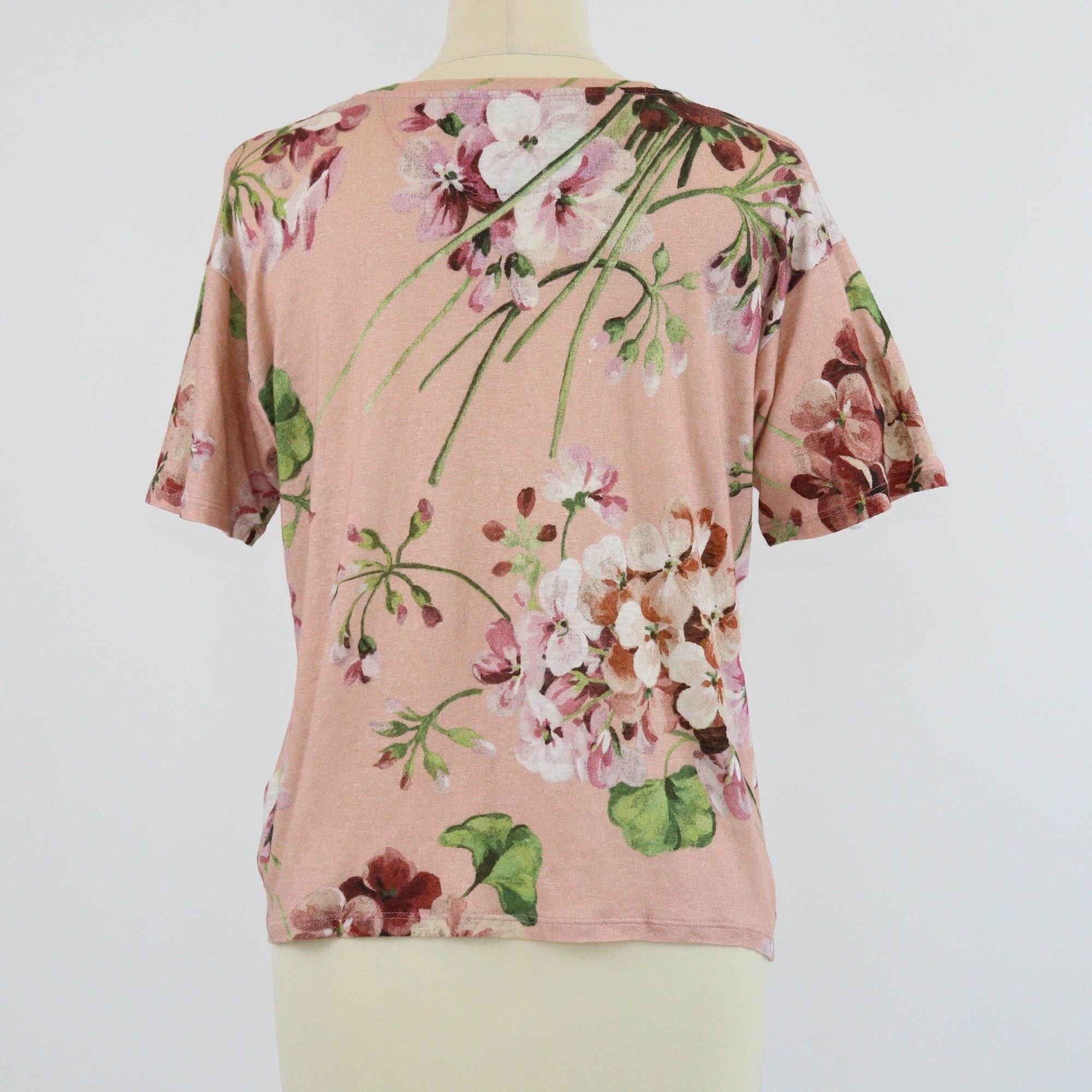 Gucci Pink Floral Print Beaded Bee Short Sleeve T-Shirt Womens Gucci 