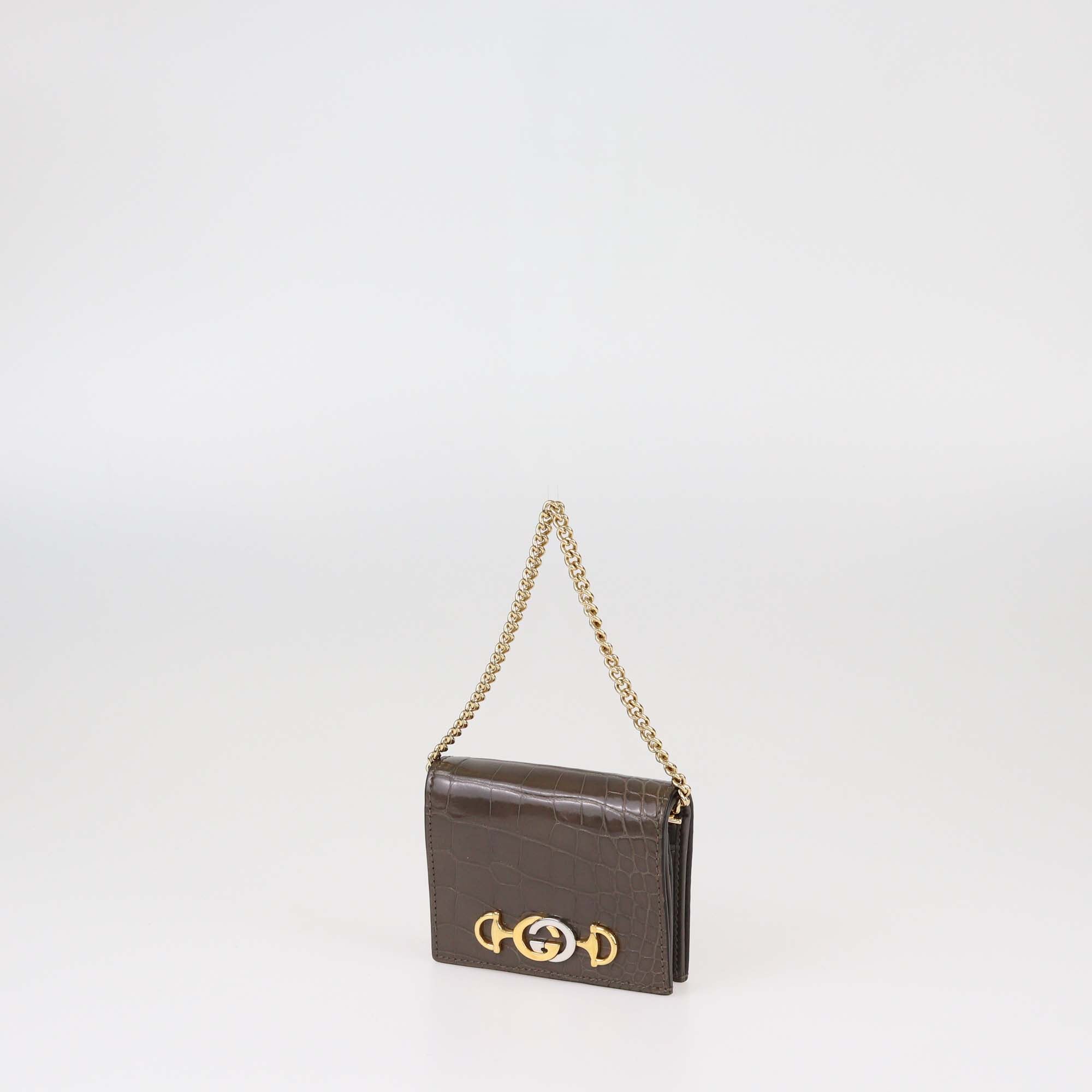 Gucci Brown Alligator Zumi Chain Card Case
