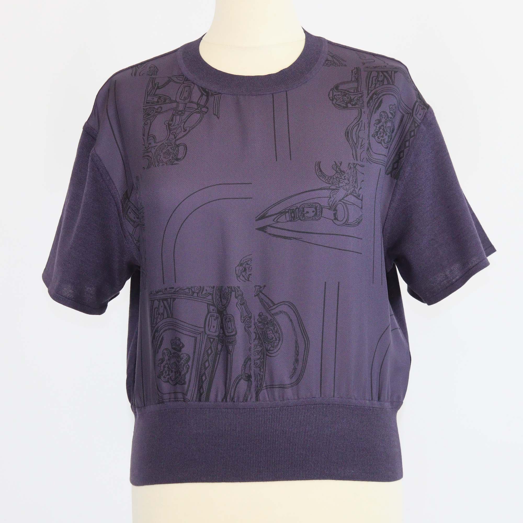 Hermes Violet Silk En Desordre Finesse Short-Sleeve Top