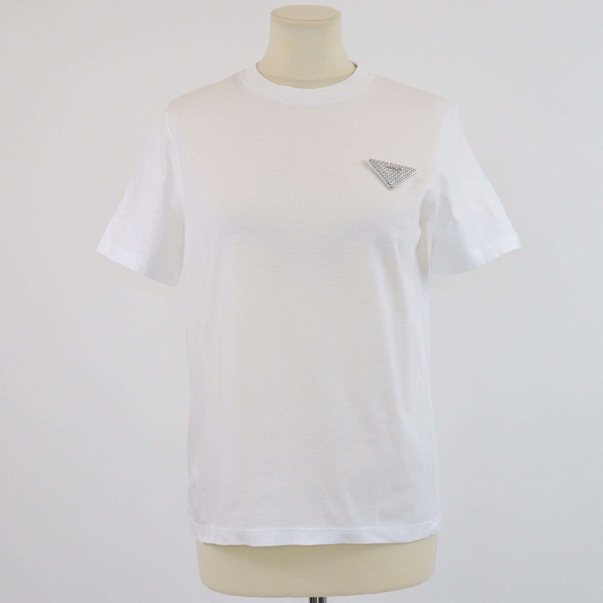 Prada White Triangle Logo Crystal Embellished Short Sleeve T-shirt Womens Prada 