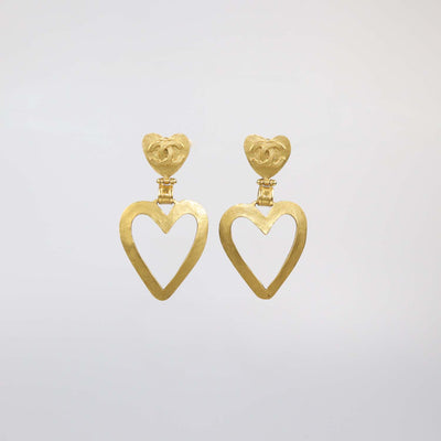 Chanel Gold Plated CC Heart Dangle Clip On Earrings