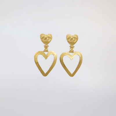 Chanel Gold Plated CC Heart Dangle Clip On Earrings
