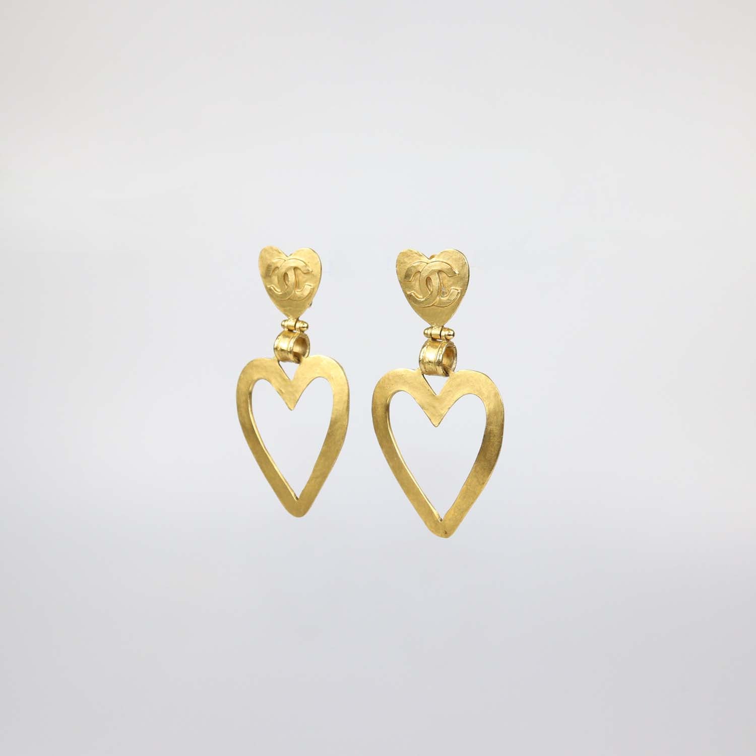Chanel Gold Plated CC Heart Dangle Clip On Earrings