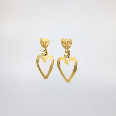 Chanel Gold Plated CC Heart Dangle Clip On Earrings