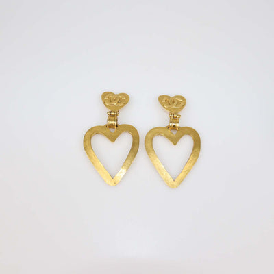 Chanel Gold Plated CC Heart Dangle Clip On Earrings