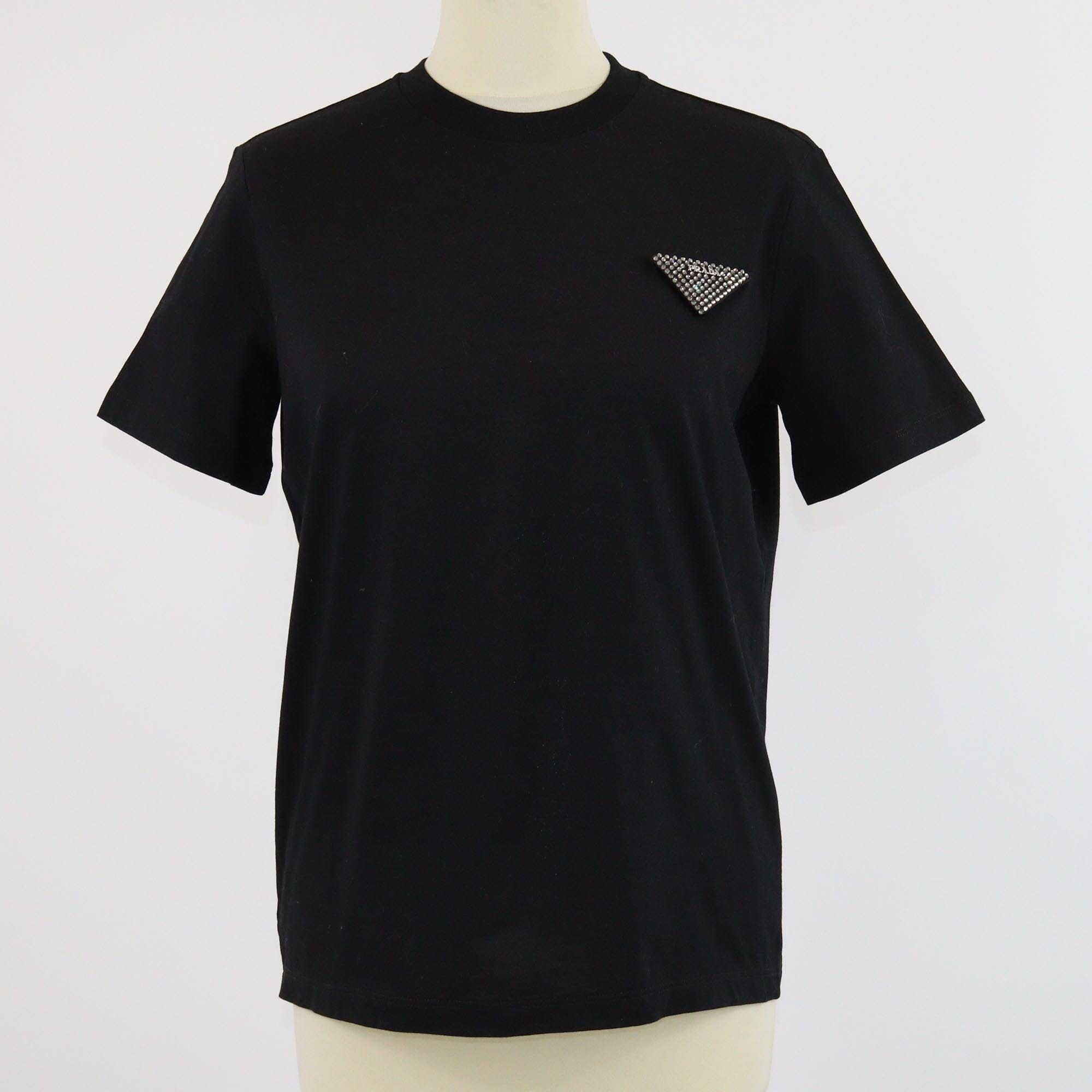 Prada Black Triangle Logo Crystal Embellished Short Sleeve T-shirt Womens Prada 