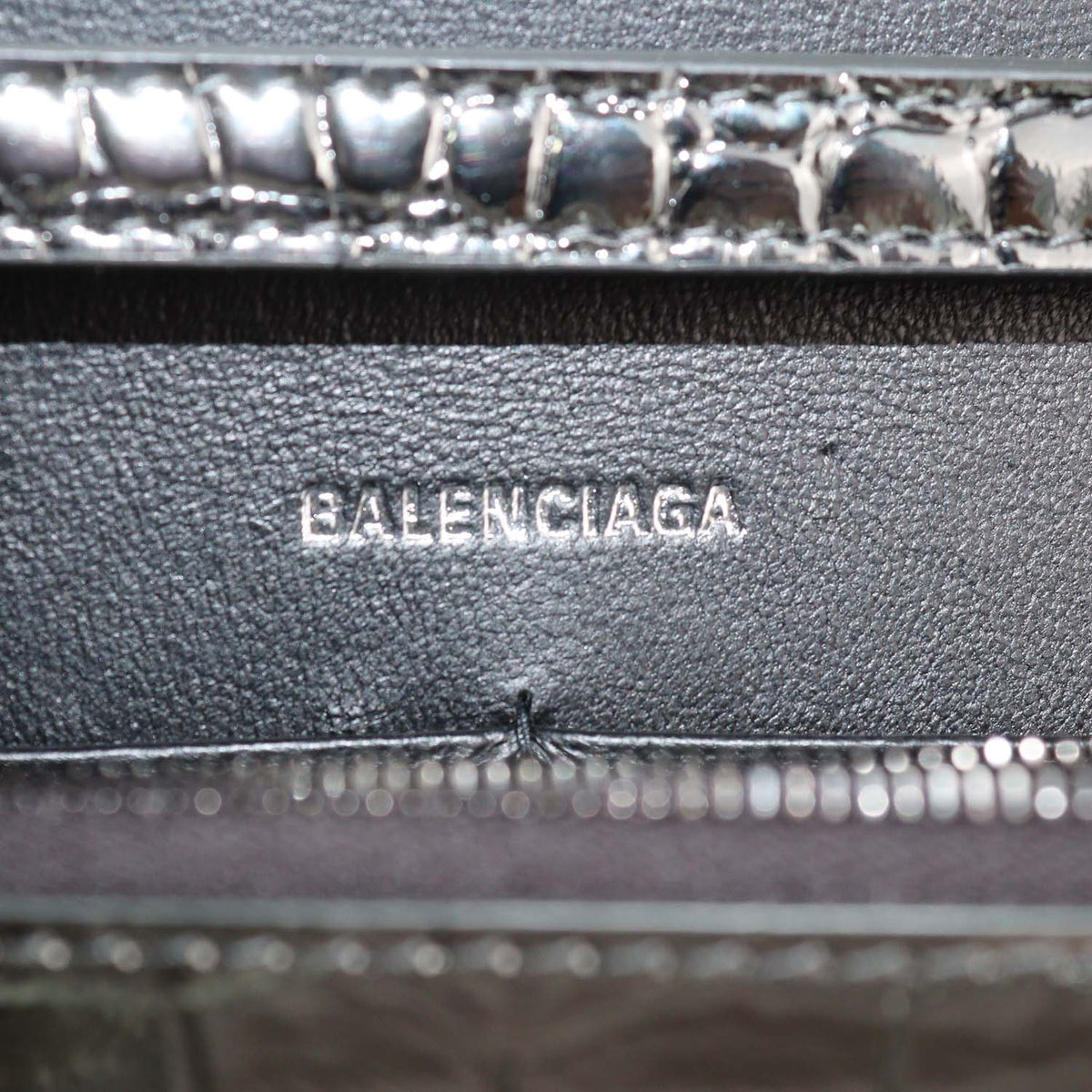 Balenciaga Metallic Croc Embossed Patent Leather Hourglass Wallet On Chain