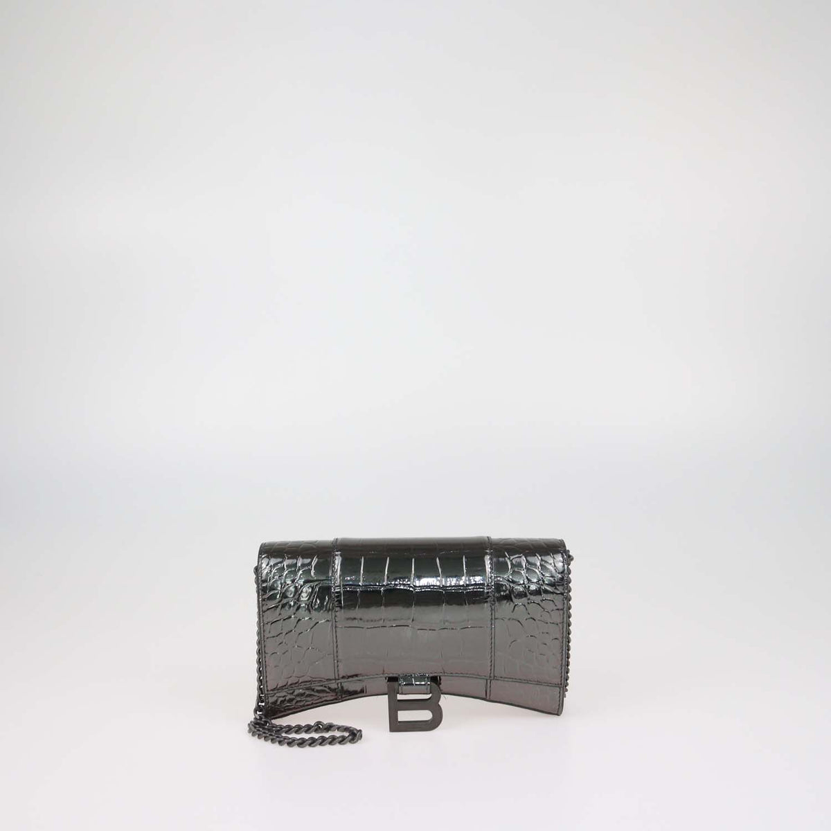 Balenciaga Metallic Croc Embossed Patent Leather Hourglass Wallet On Chain
