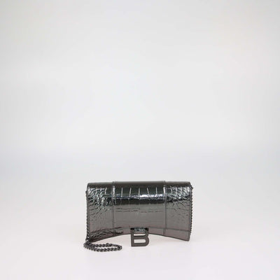 Balenciaga Metallic Croc Embossed Patent Leather Hourglass Wallet On Chain