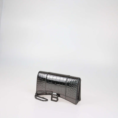 Balenciaga Metallic Croc Embossed Patent Leather Hourglass Wallet On Chain