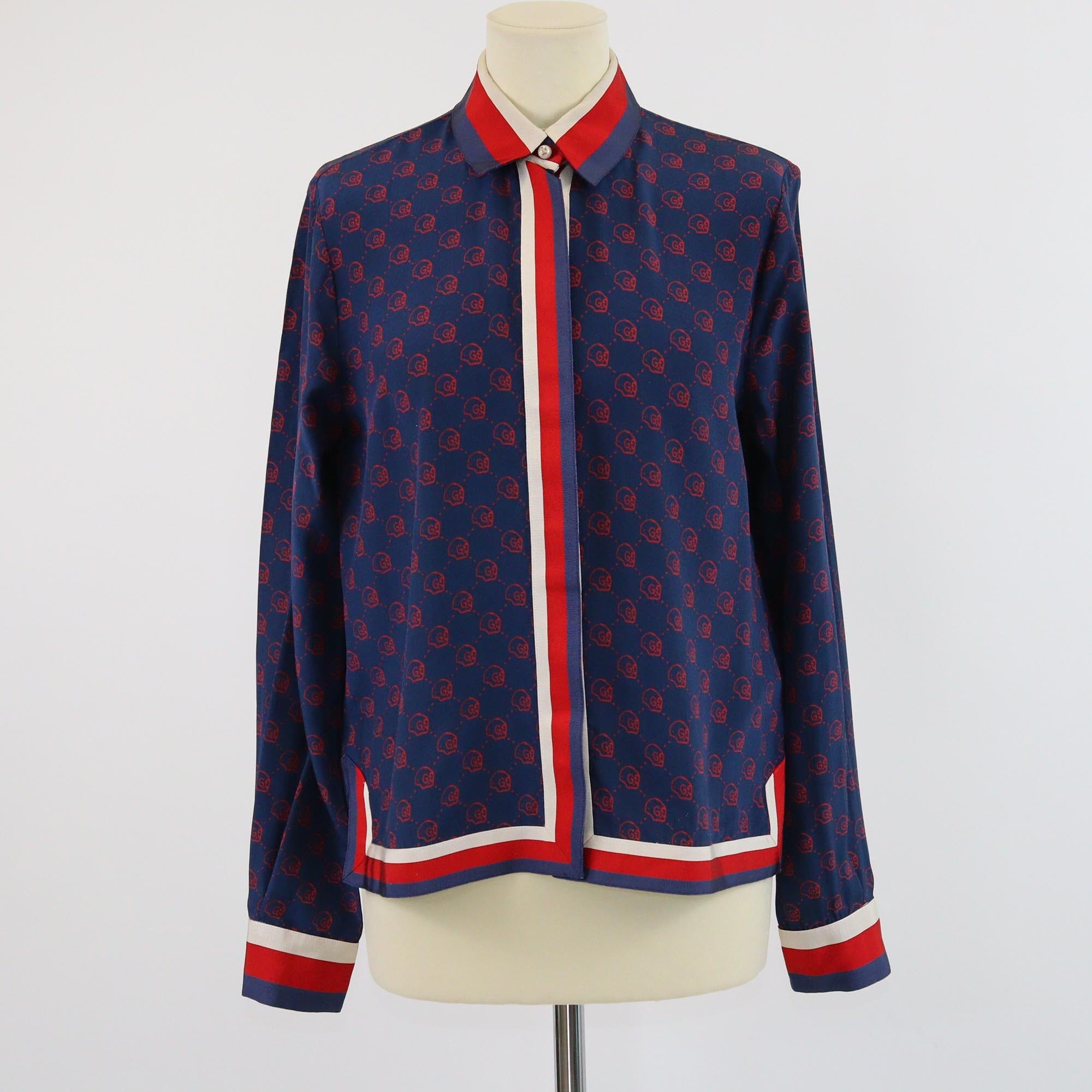 Gucci Navy Blue Skull Print Web Stripe Long Sleeve Blouse Womens Gucci 