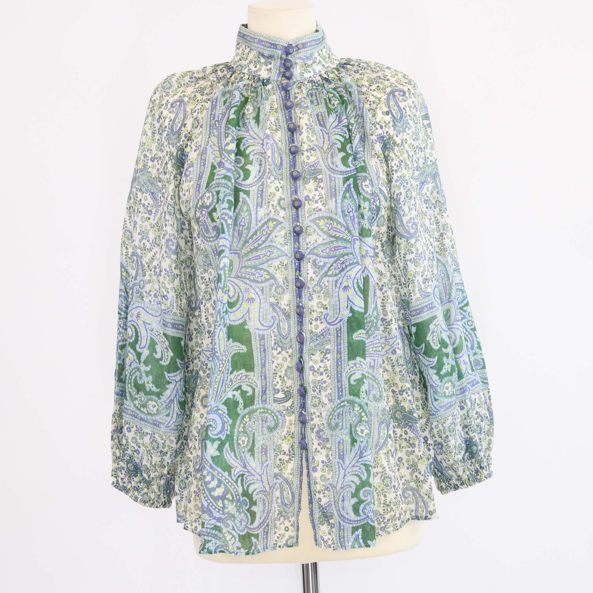 Zimmermann Green Ramie Paisley Print Mock Neck Blouse