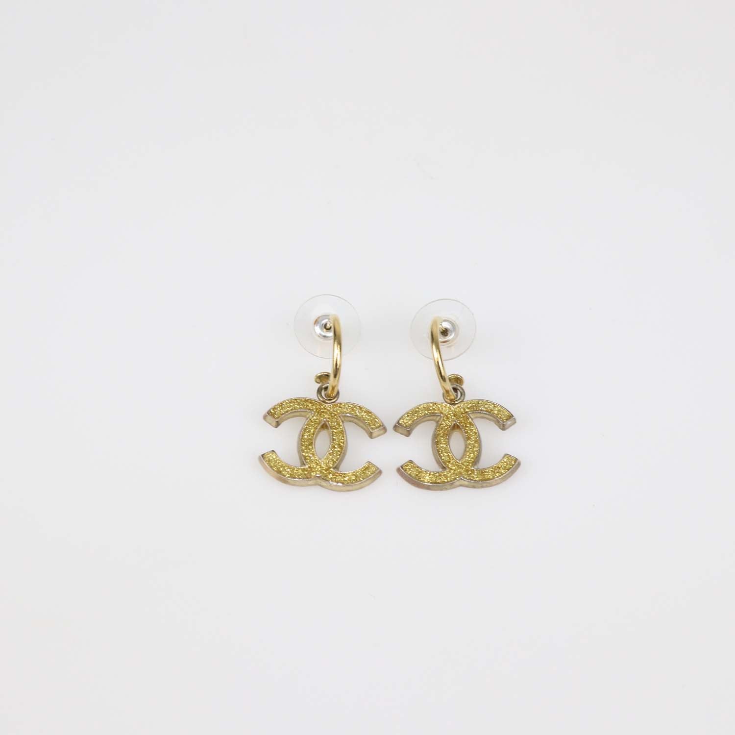 Chanel Gold Plated CC Enamel Push Back Earrings