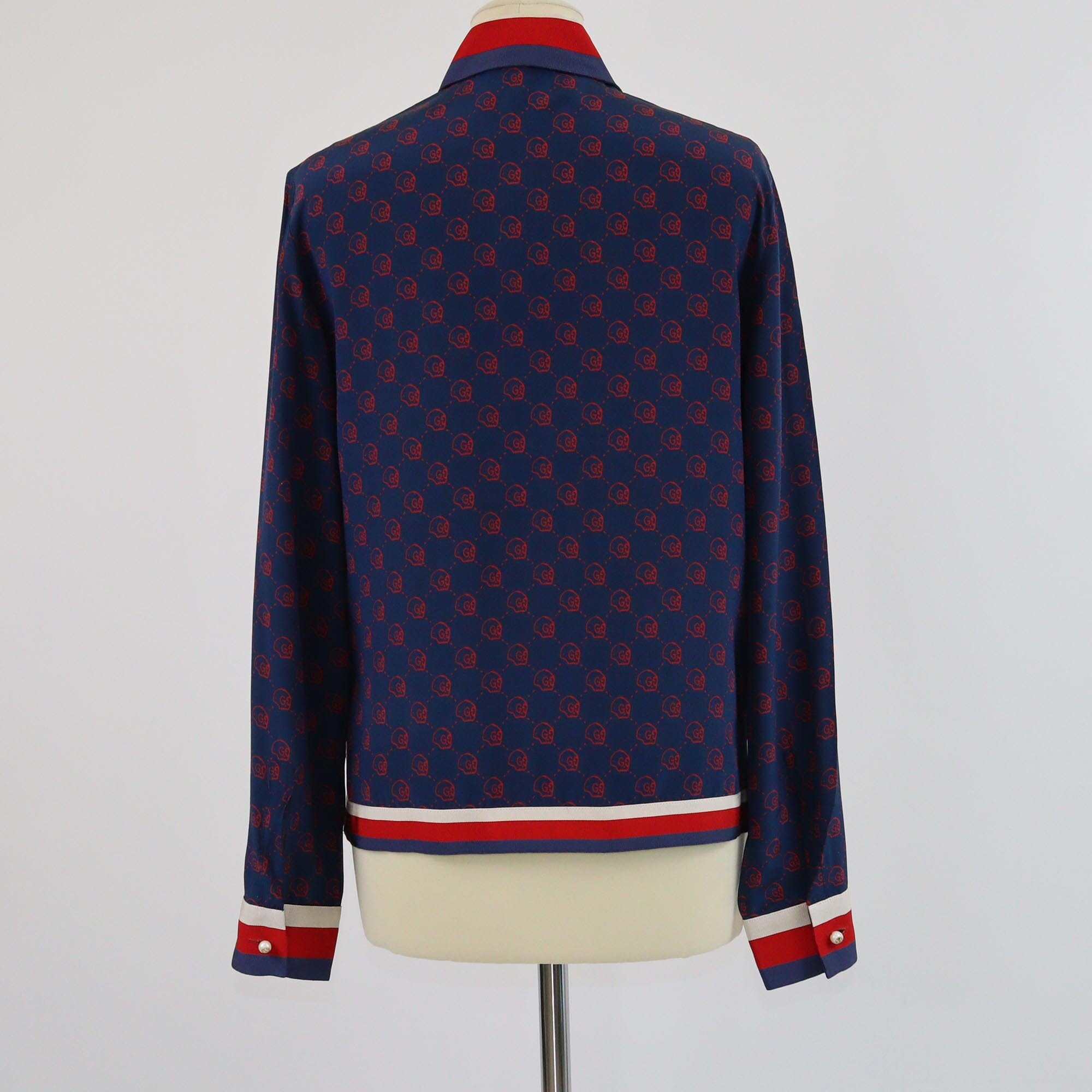 Gucci Navy Blue Skull Print Web Stripe Long Sleeve Blouse Womens Gucci 