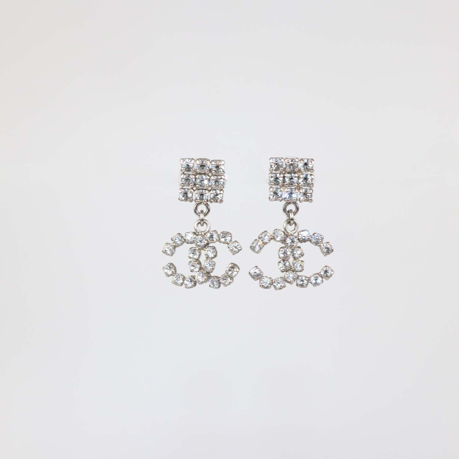 Chanel Silver Tone CC Crystal Brass Drop Push Back Earrings