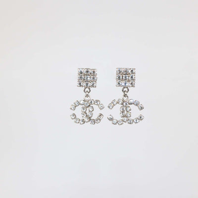 Chanel Silver Tone CC Crystal Brass Drop Push Back Earrings