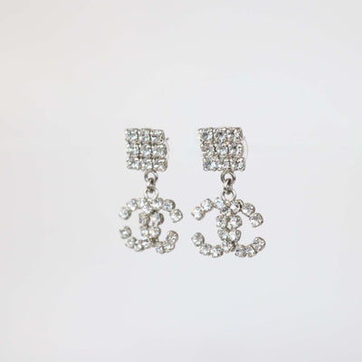 Chanel Silver Tone CC Crystal Brass Drop Push Back Earrings