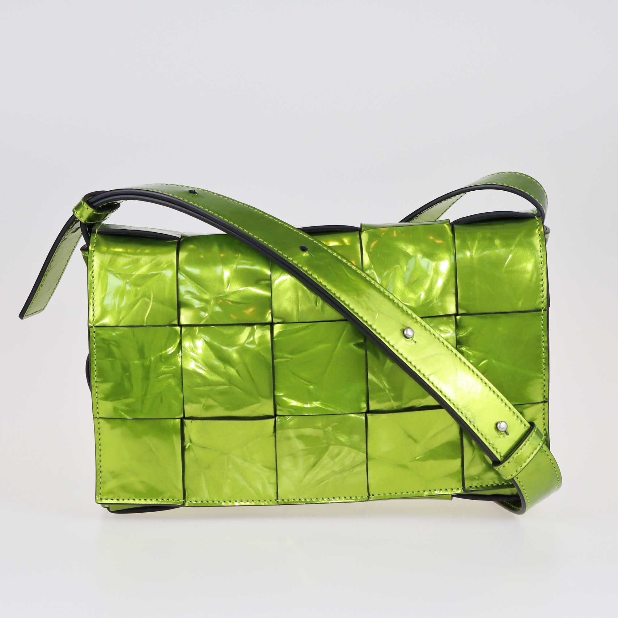 Bottega Veneta Metallic Green Intreccio Classic Cassette Bag Bags Bottega Veneta 