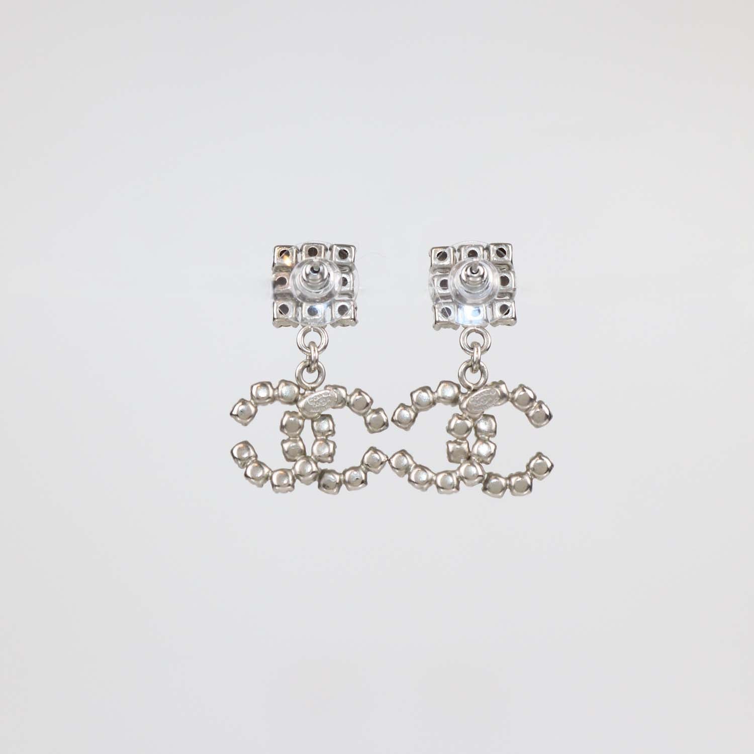 Chanel Silver Tone CC Crystal Brass Drop Push Back Earrings