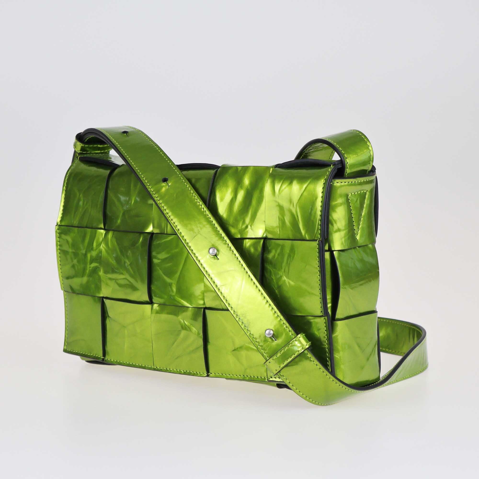 Bottega Veneta Metallic Green Intreccio Classic Cassette Bag Bags Bottega Veneta 