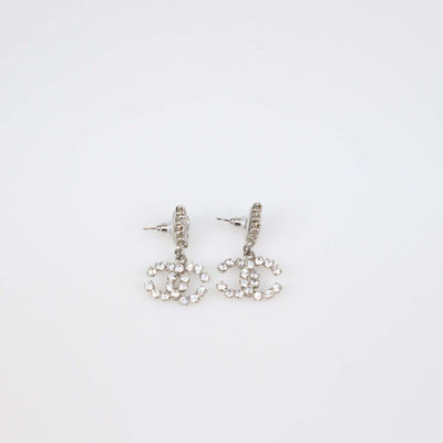 Chanel Silver Tone CC Crystal Brass Drop Push Back Earrings