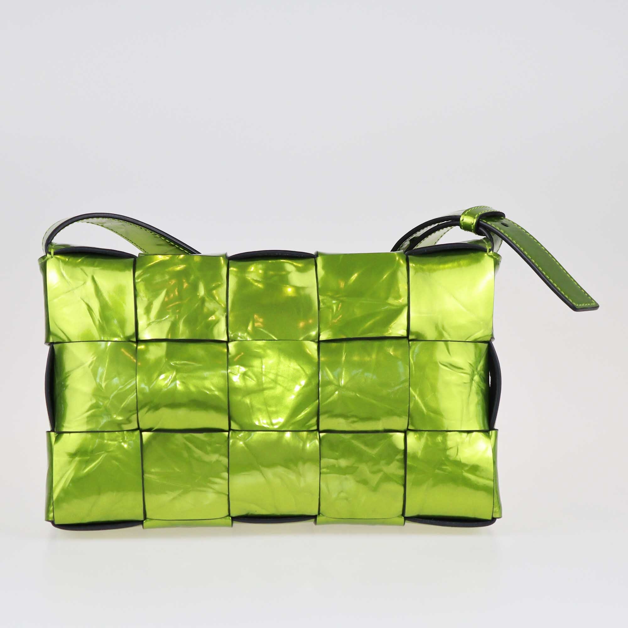 Bottega Veneta Metallic Green Intreccio Classic Cassette Bag Bags Bottega Veneta 